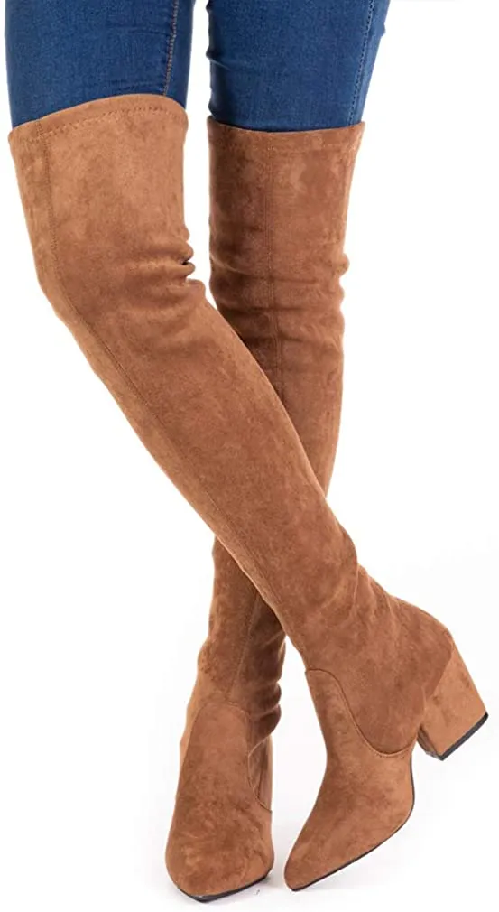 Winter Pink Suede Over Knee Chunky Heel Boots