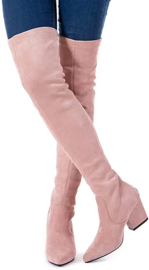 Winter Pink Suede Over Knee Chunky Heel Boots