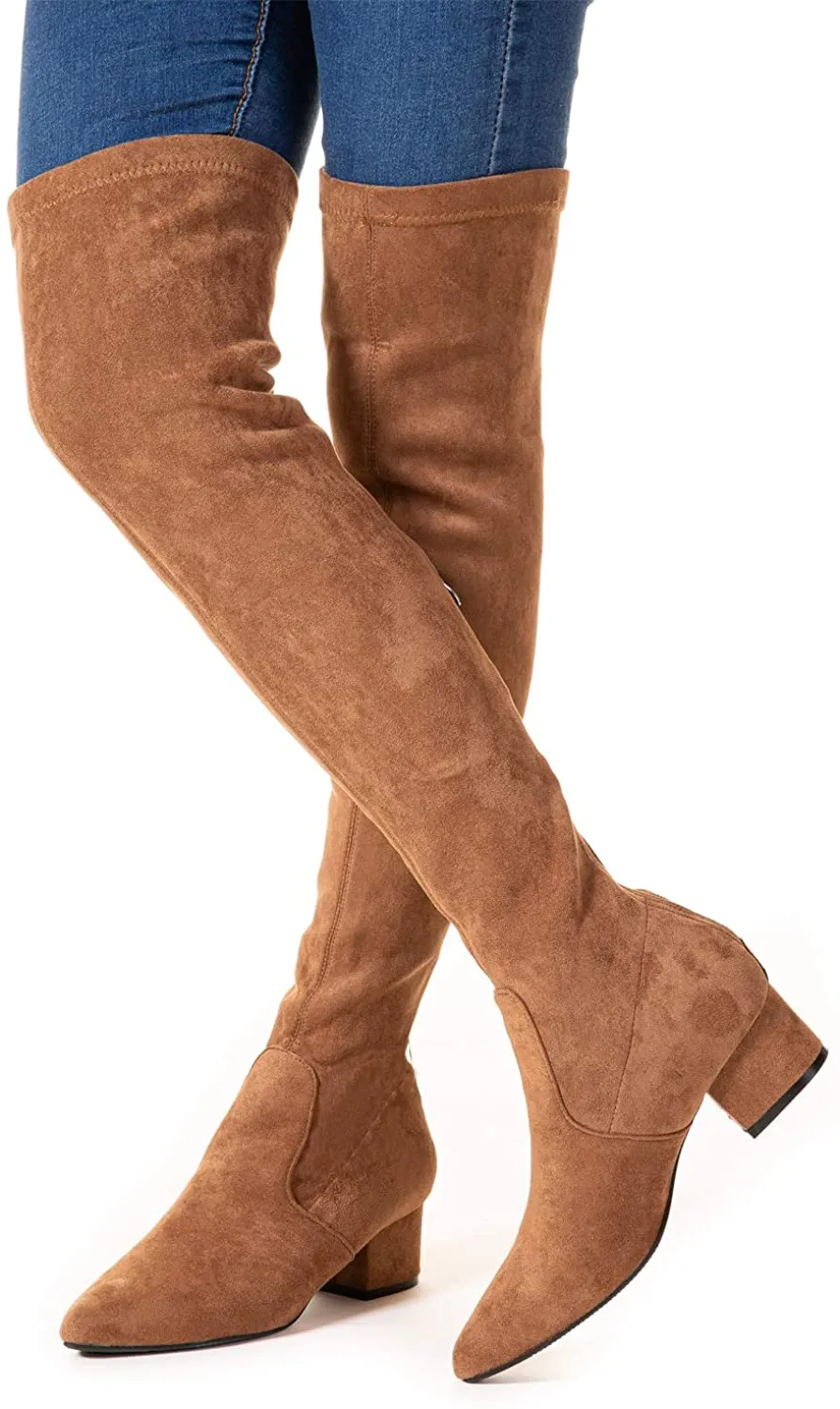 Winter Pink Suede Over Knee Chunky Heel Boots