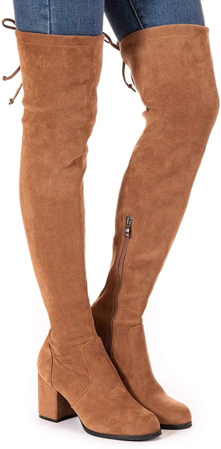 Winter Pink Suede Over Knee Chunky Heel Boots