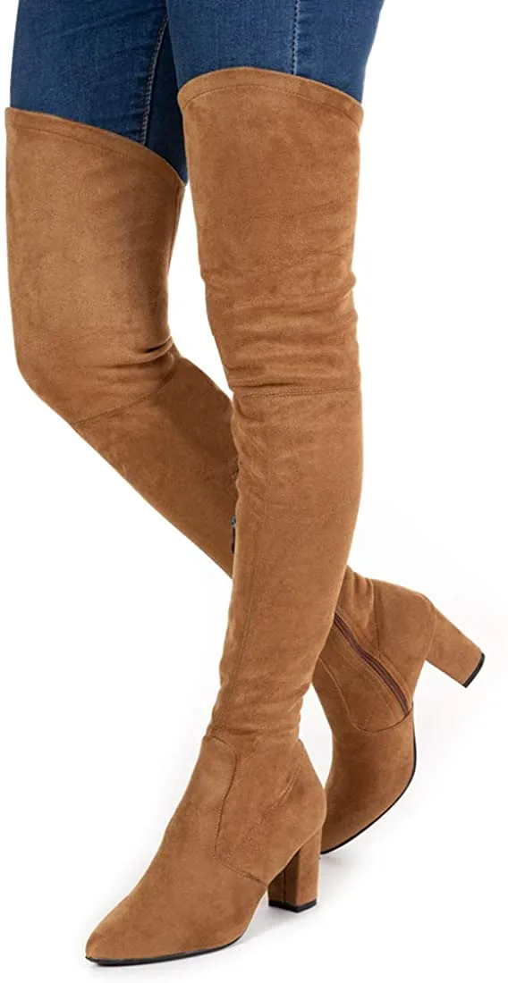 Winter Pink Suede Over Knee Chunky Heel Boots