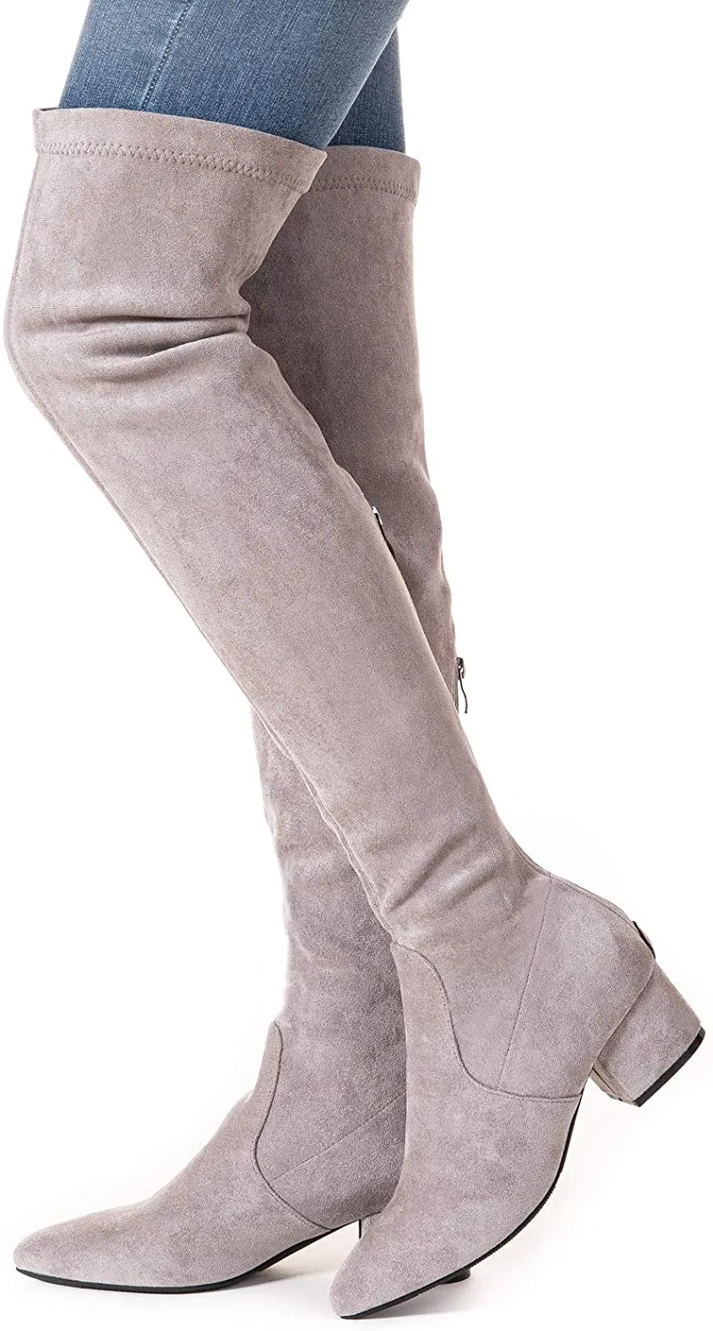 Winter Pink Suede Over Knee Chunky Heel Boots