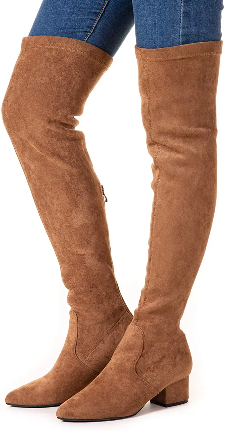 Winter Pink Suede Over Knee Chunky Heel Boots