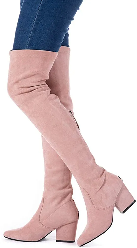 Winter Pink Suede Over Knee Chunky Heel Boots