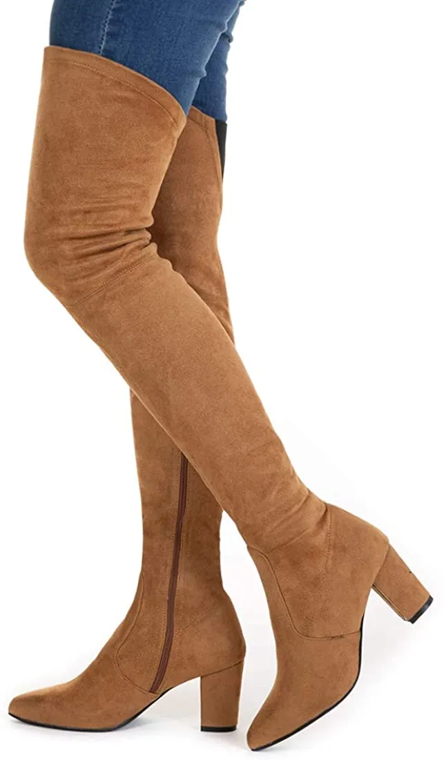 Winter Pink Suede Over Knee Chunky Heel Boots