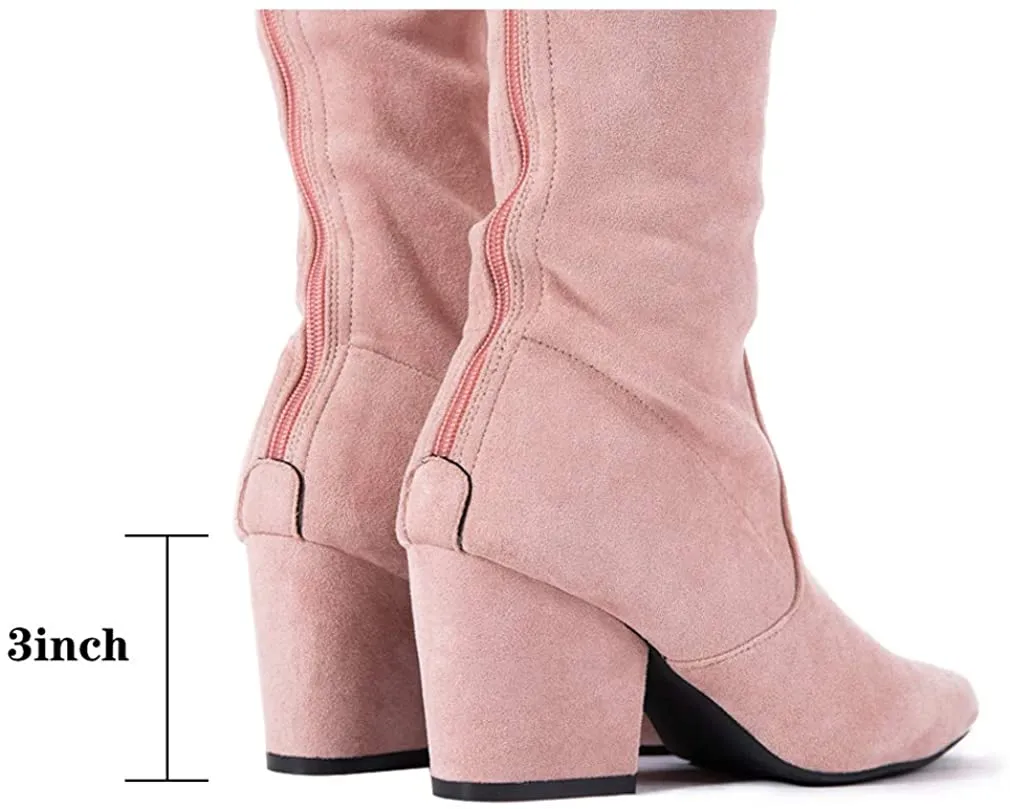 Winter Pink Suede Over Knee Chunky Heel Boots